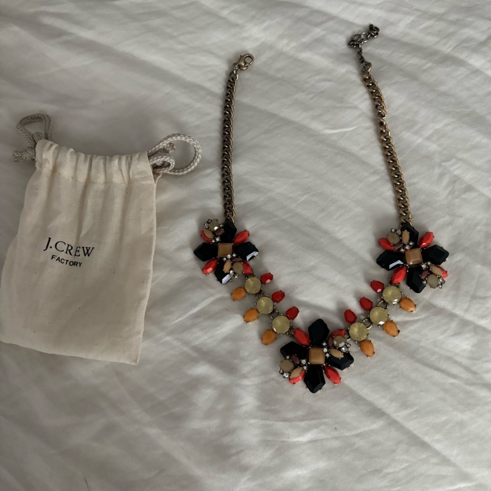 J. Crew Vibrant Floral Necklace with Orange and navy Accents